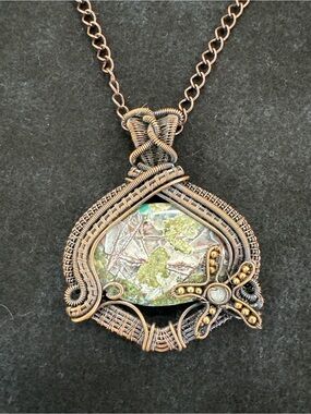 Handcrafted Wire-Wrapped Pendant Necklace with rare Crysocolla Native Copper Gem